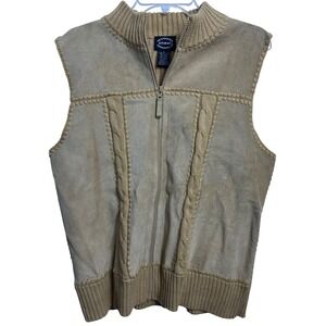 Designers Studio Originals Suede Knit Vest Beige Tan Full Zip Cable Knit Trim L‎